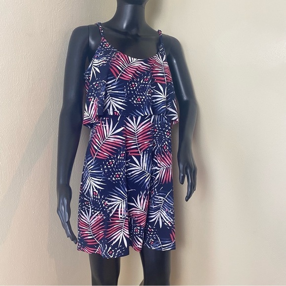Women Express Red White Navy Palm Print/Tropical Summer Mini Dress Sz M - Picture 7 of 15